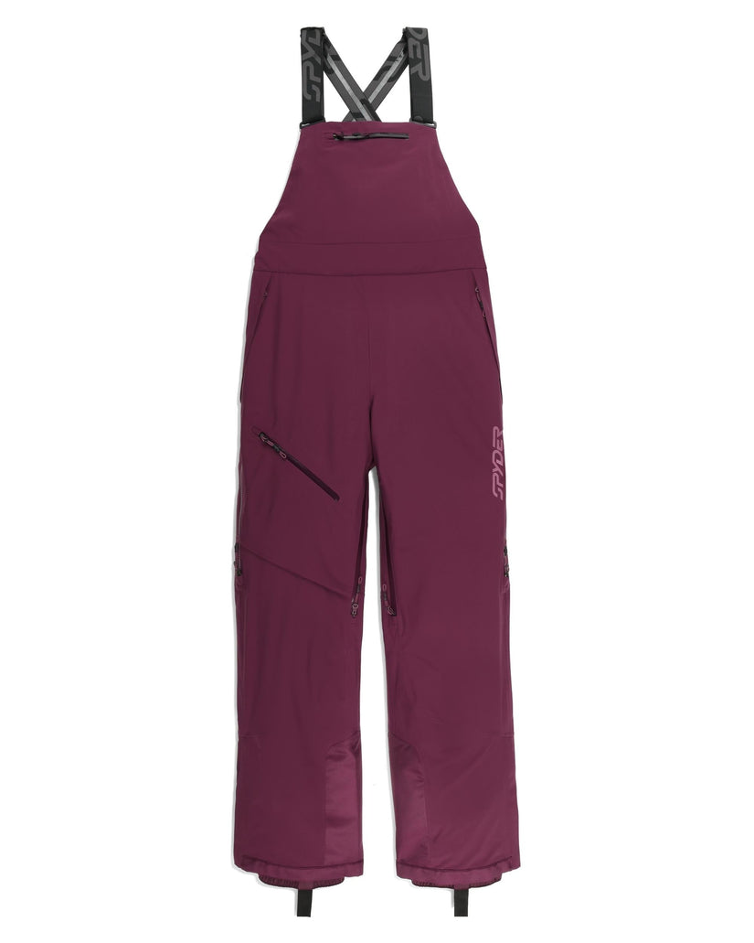 Purple ski bib pants with black straps on a white background