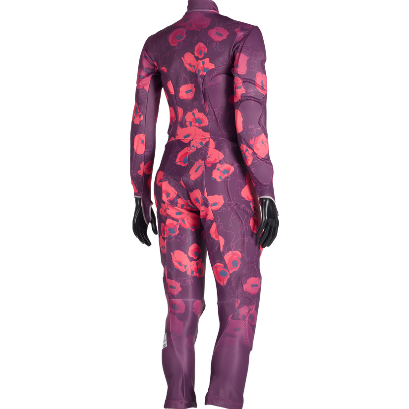 Purple and red patterned bodysuit on a white background