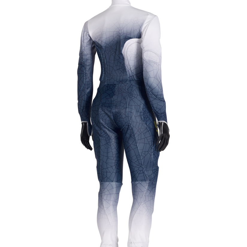 Gradient blue to white bodysuit on a mannequin against a white background