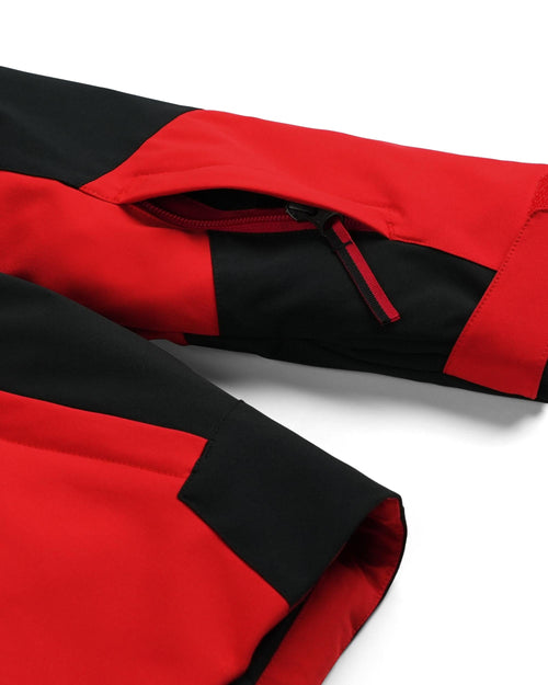 Red and black jacket with a brand logo on a white background