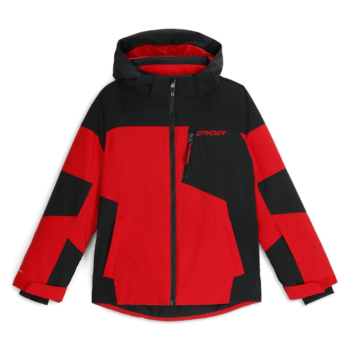Red and black jacket with a brand logo on a white background