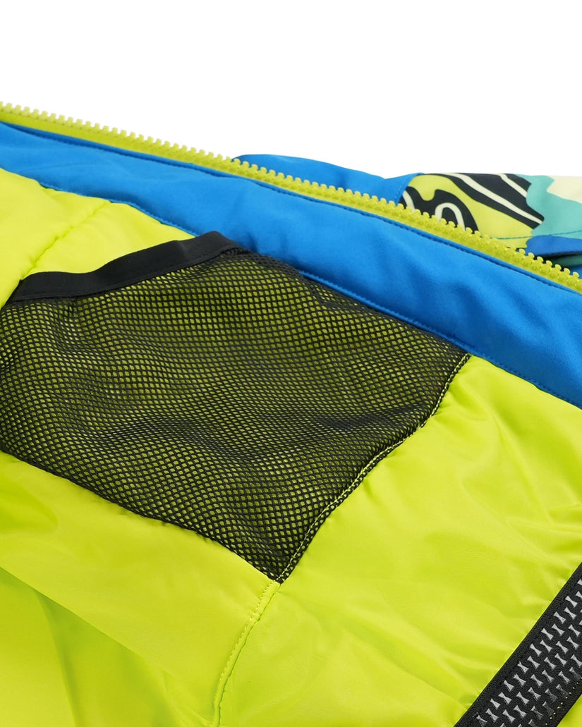 Close-up of a green jacket with blue zipper and mesh pocket on a white background