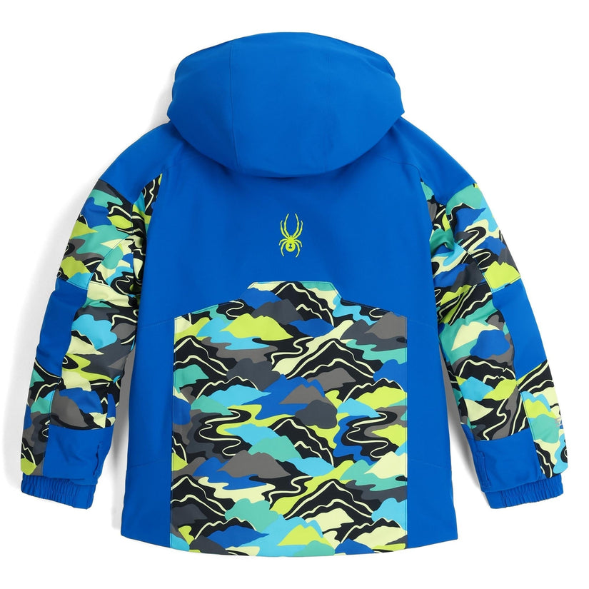 Blue jacket with colorful camouflage pattern on a white background