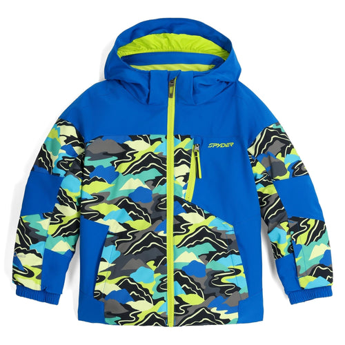 Blue jacket with colorful camouflage pattern on a white background