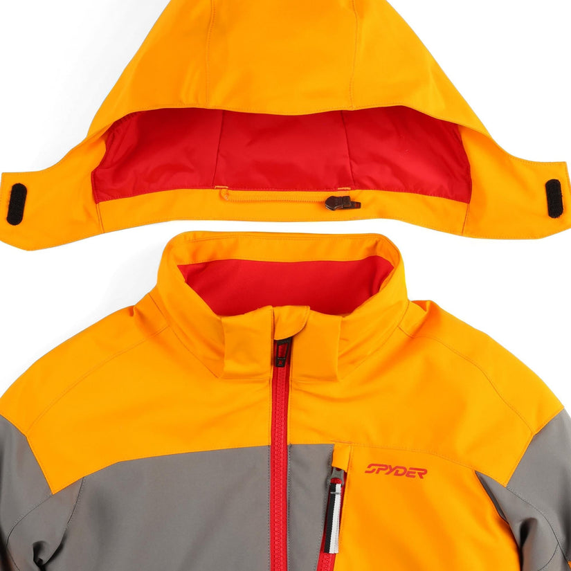 Orange, gray, and red jacket with Spyder branding on a white background