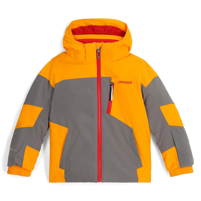 Color-blocked jacket with orange, gray, and red on a white background