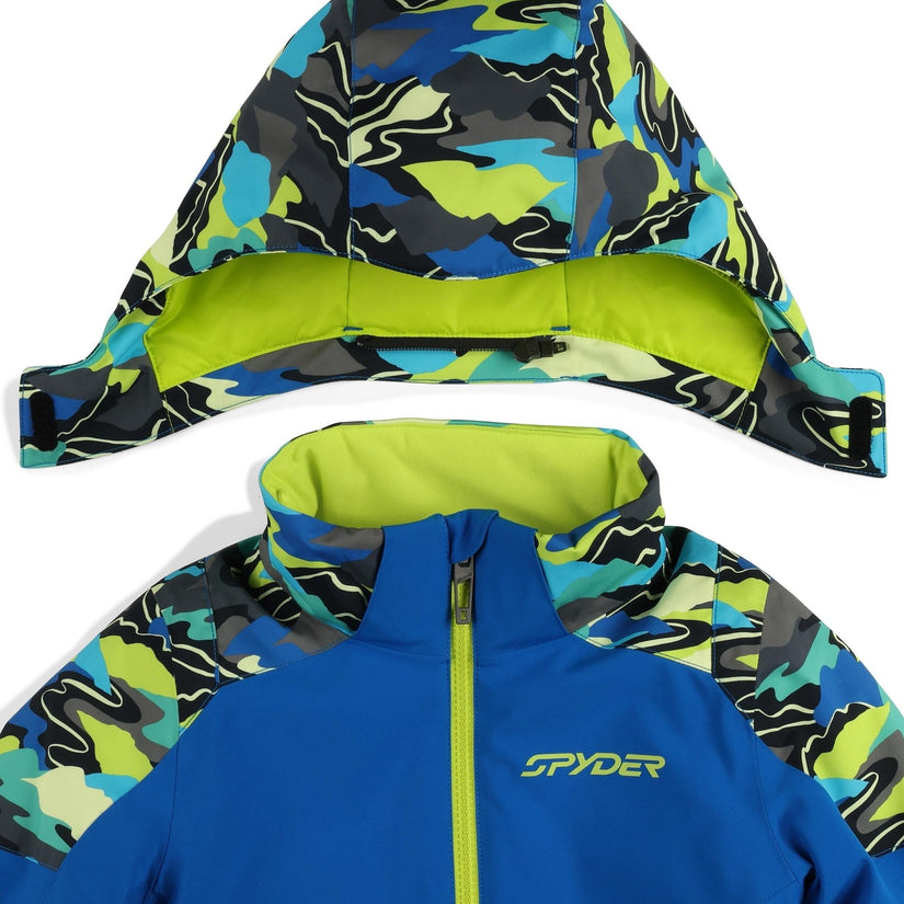 Blue ski jacket with colorful hood and Spyder branding on a white background