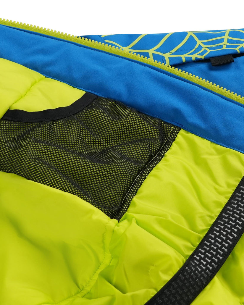 Close-up of a yellow and blue bag with a mesh pocket.
