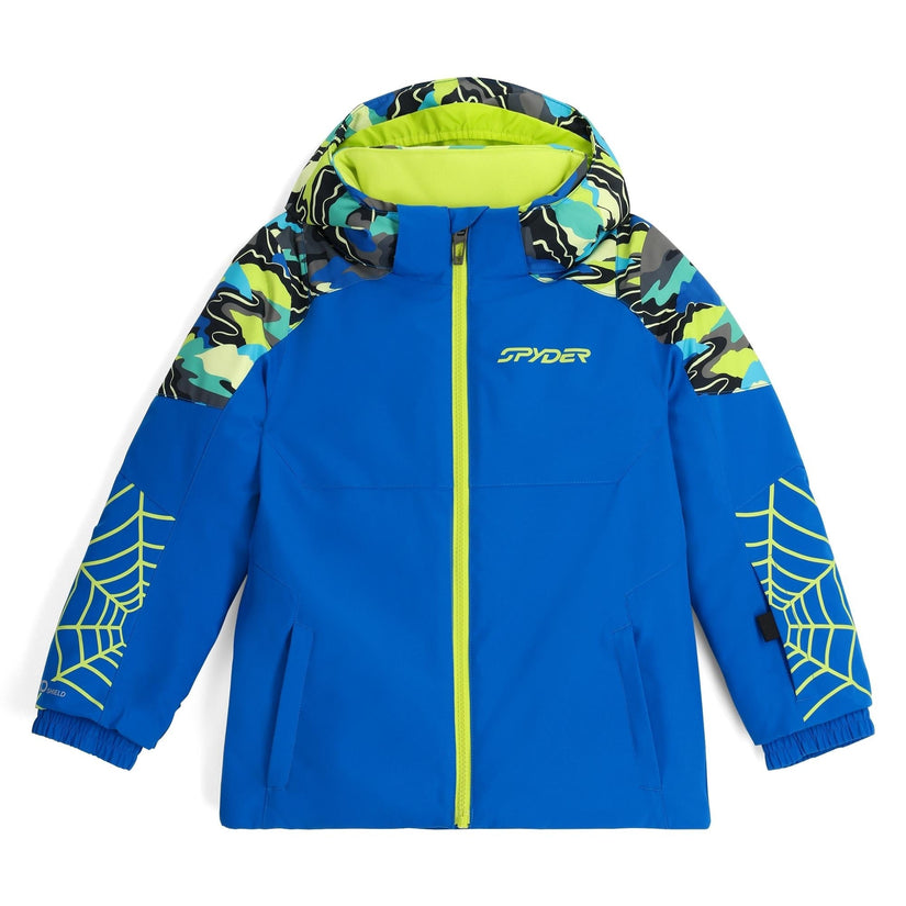 Blue children's jacket with colorful hood and spider web designs on sleeves against a white background