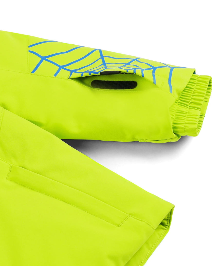 Green jacket with blue spider web design on a white background