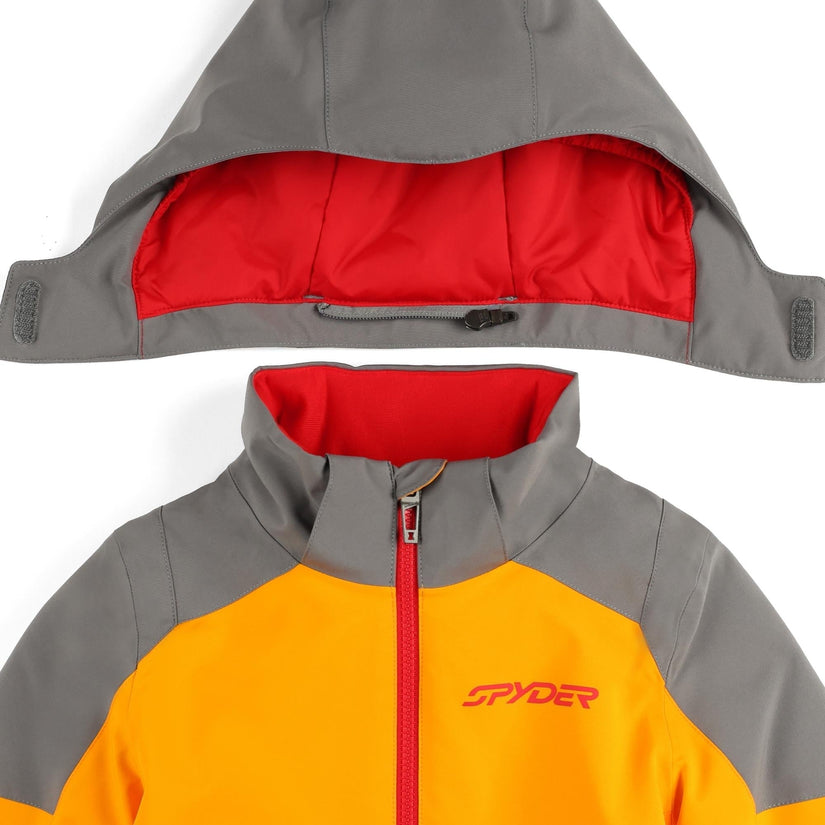 Gray and orange jacket with red interior on a white background
