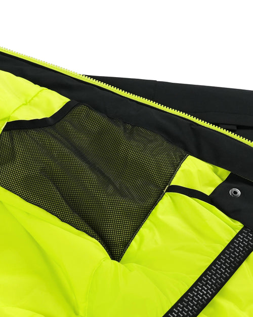 Black jacket with yellow accents and Spyder logo on a white background