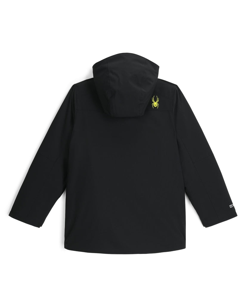 Black hoodie with a yellow logo on the back against a white background
