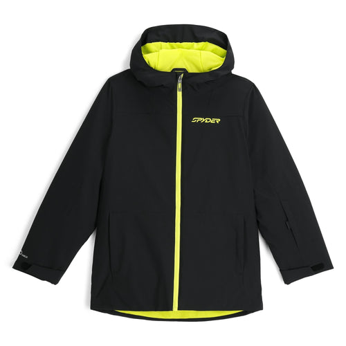 Black jacket with yellow accents and Spyder logo on a white background