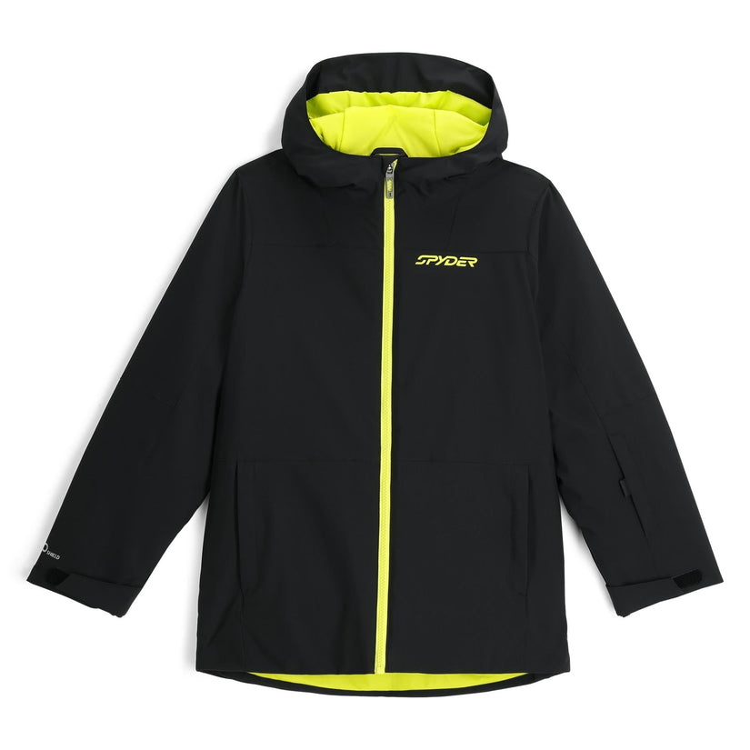 Black jacket with yellow accents and Spyder logo on a white background