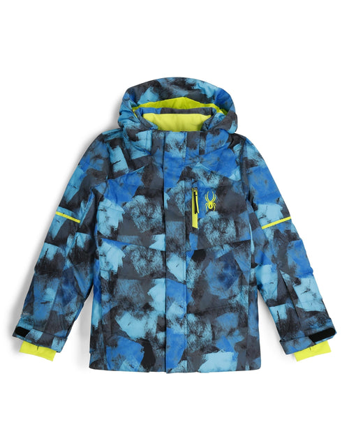 Blue and black patterned jacket with yellow accents on a white background