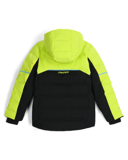 Two-tone lime green and black jacket with a brand logo on a white background