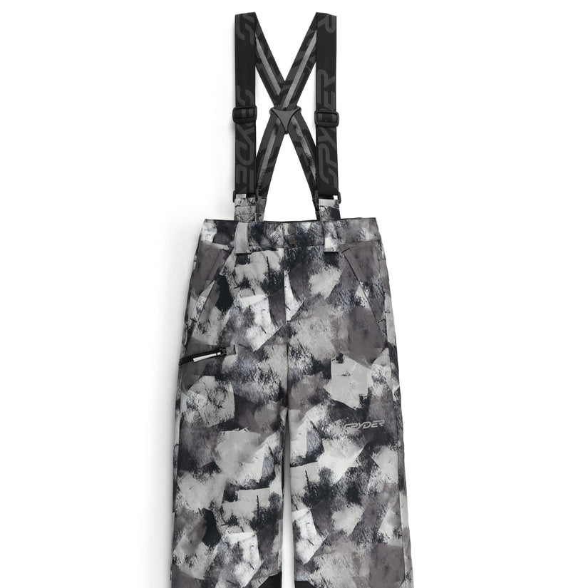 Camouflage-patterned bib overalls with suspenders on a white background