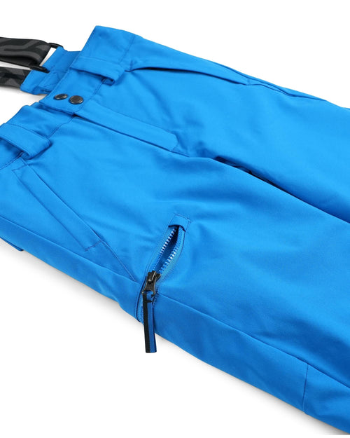 Blue ski pants with black suspenders on a white background