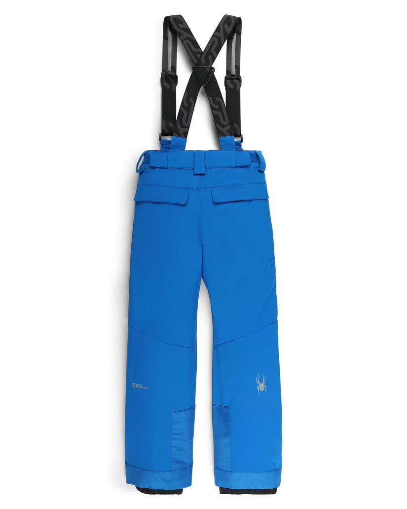 Blue snow pants with black suspenders on a white background