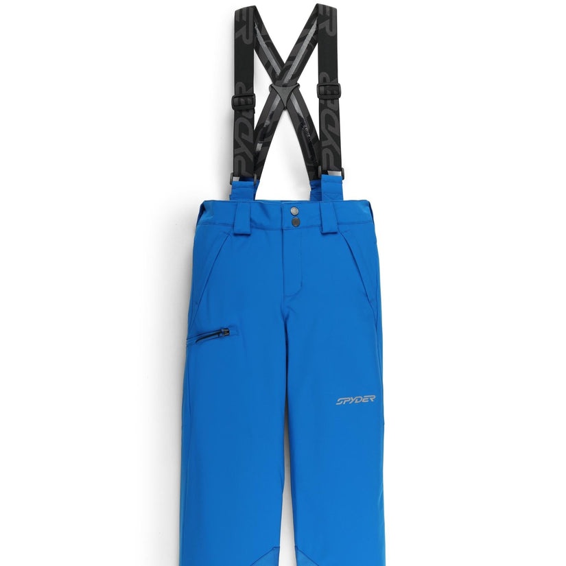 Blue ski pants with black suspenders on a white background