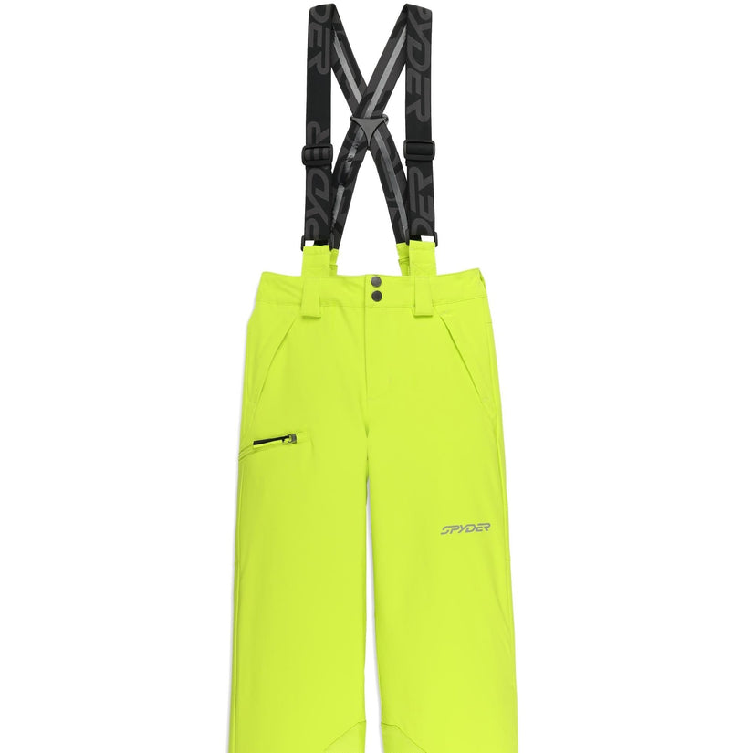 Yellow ski pants with black suspenders on a white background