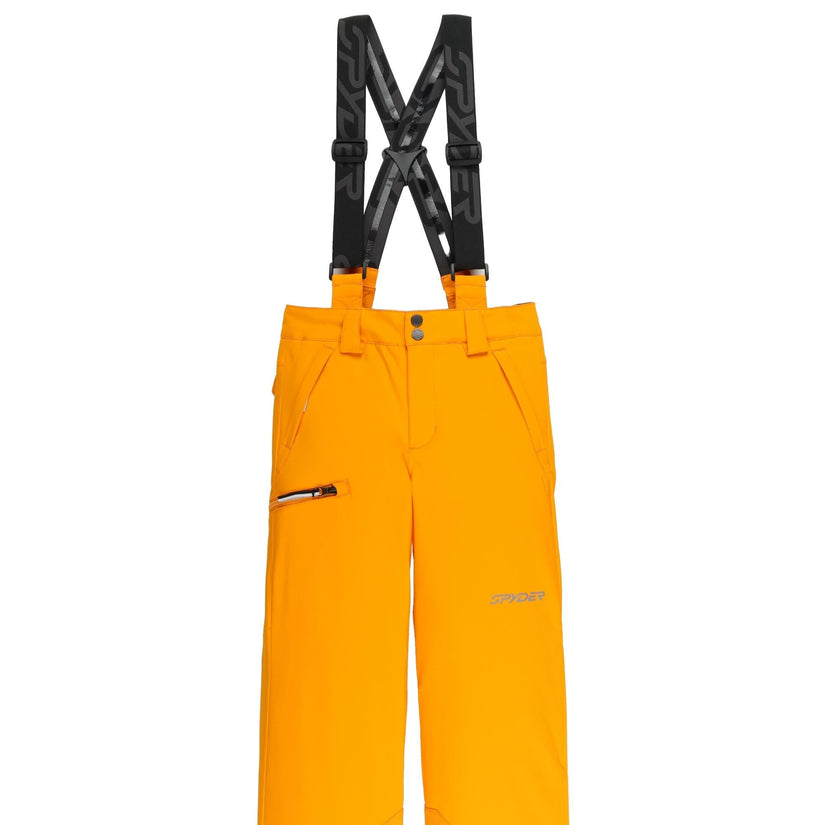 Orange ski pants with black suspenders on a white background