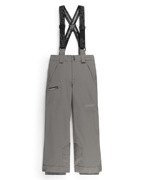 Gray snow pants with black suspenders on a white background