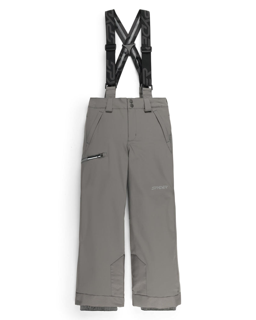 Gray snow pants with black suspenders on a white background