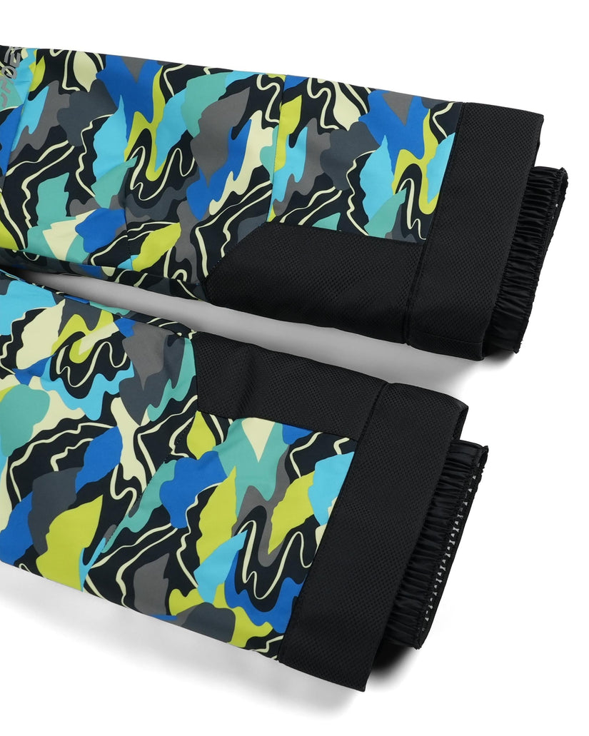 Colorful camouflage-patterned leggings with black edges on a white background