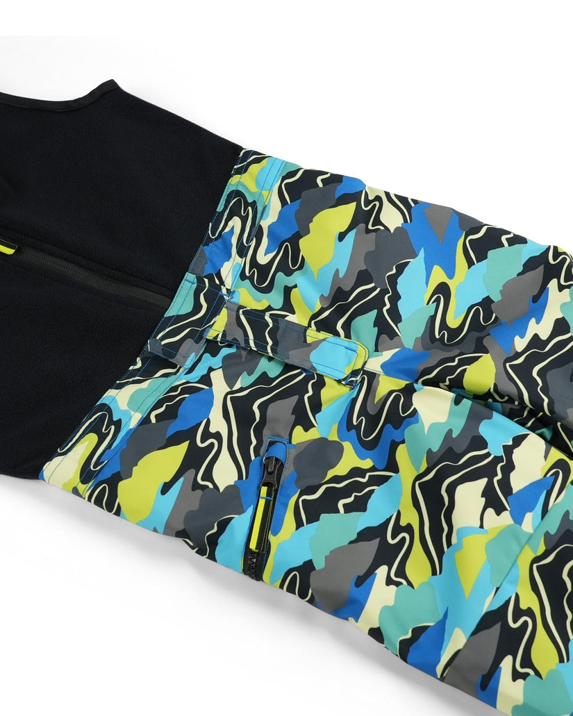 Colorful camouflage-patterned fabric with black zipper on a white background