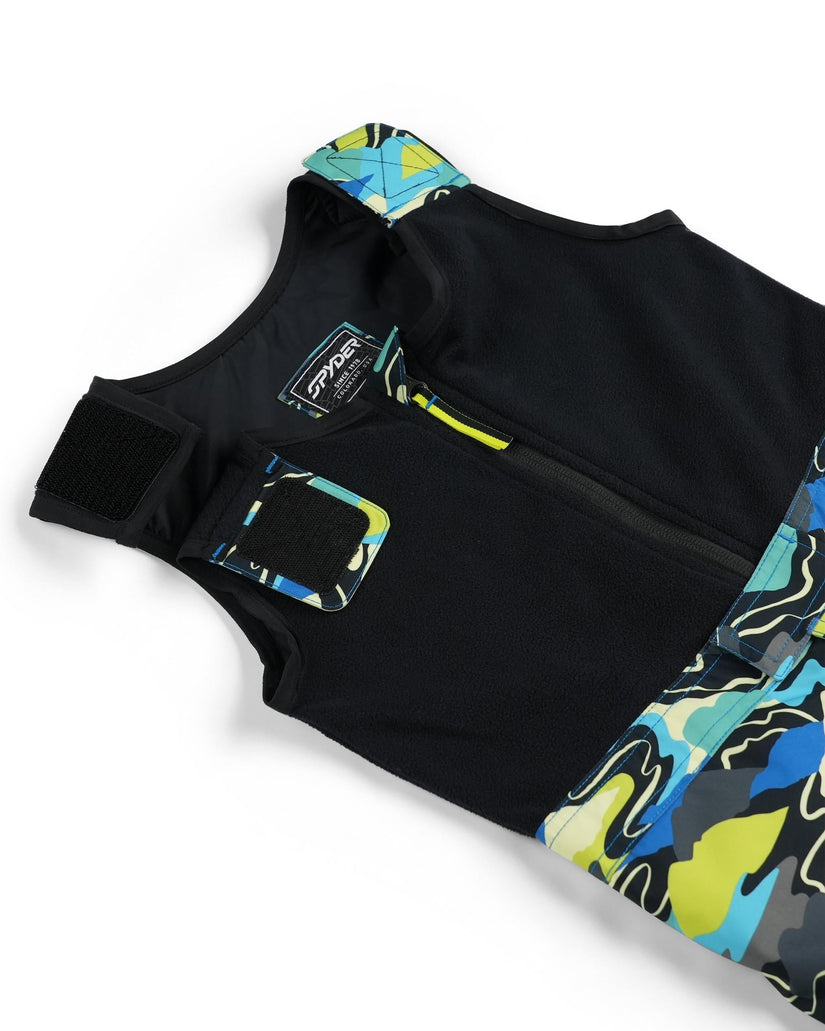 Black sleeveless shirt with colorful geometric pattern on a white background