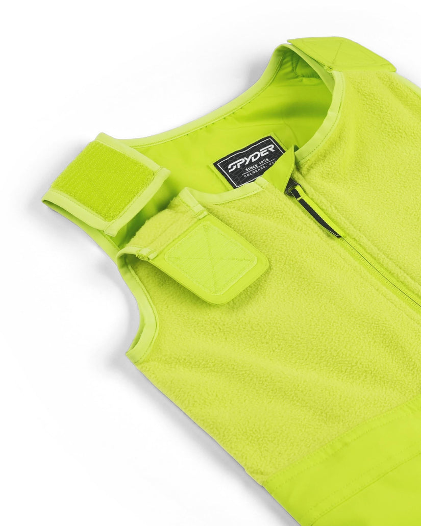 Bright green fleece vest with Spyder logo on a white background