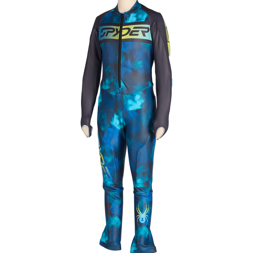 Blue and black ski suit with Spyder branding on a white background