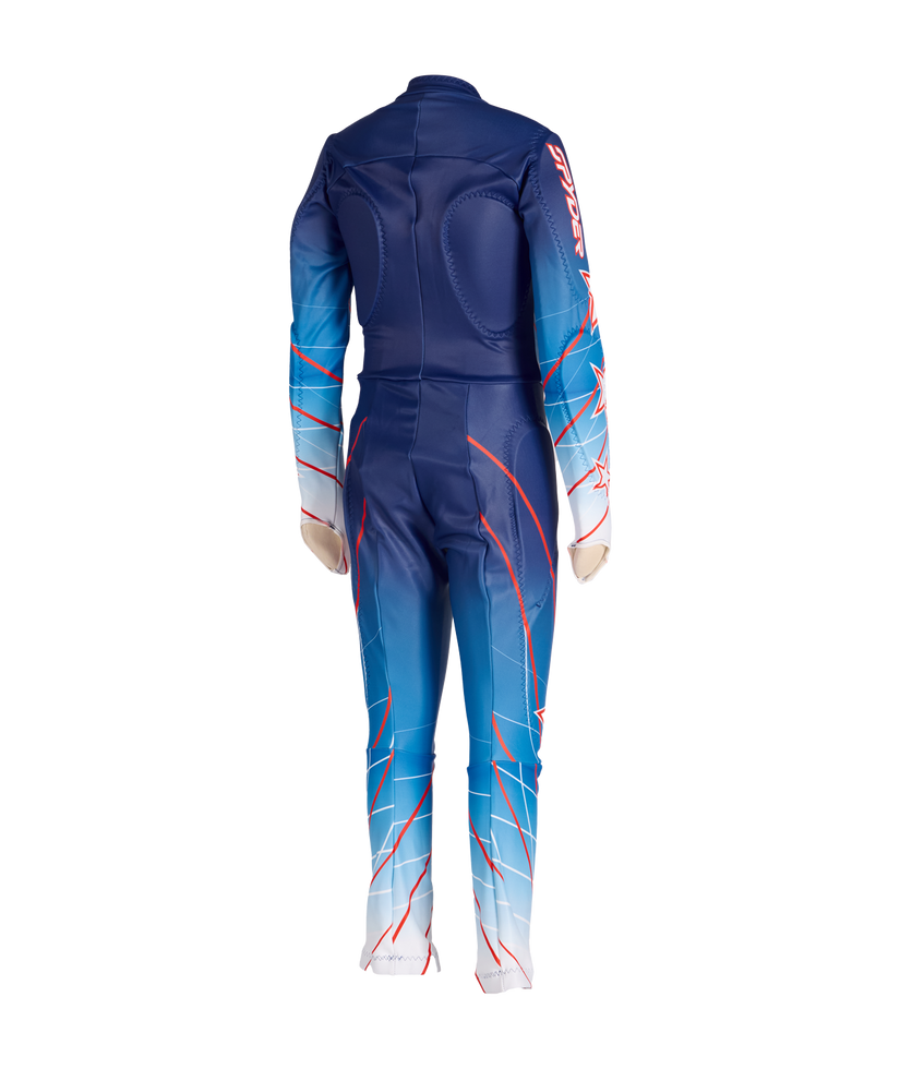 Blue and red ski suit on a white background