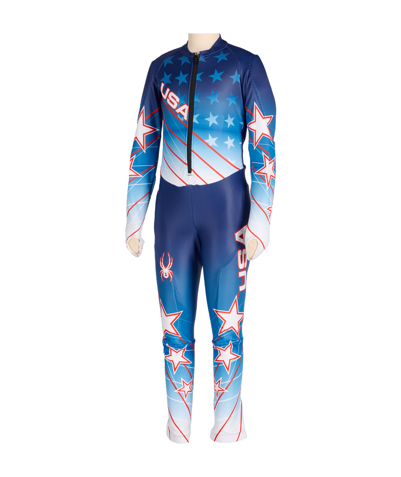 Blue athletic suit with red and white star patterns on a white background