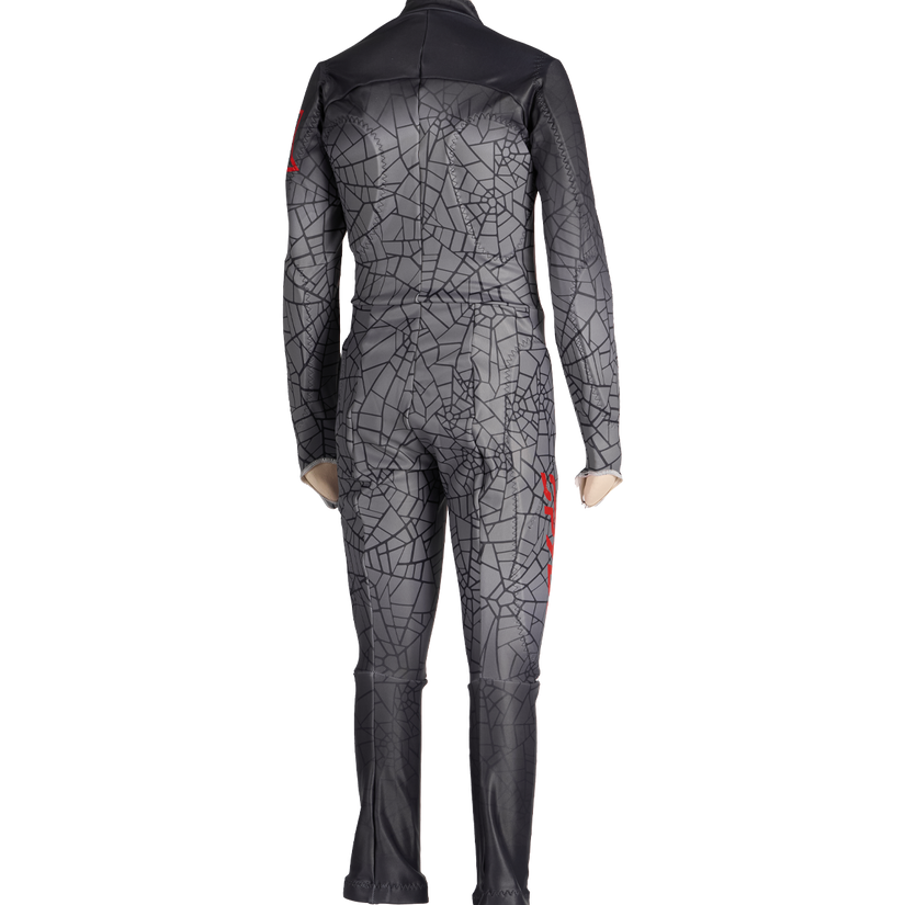 Gray and black race suit with red accents on a white background