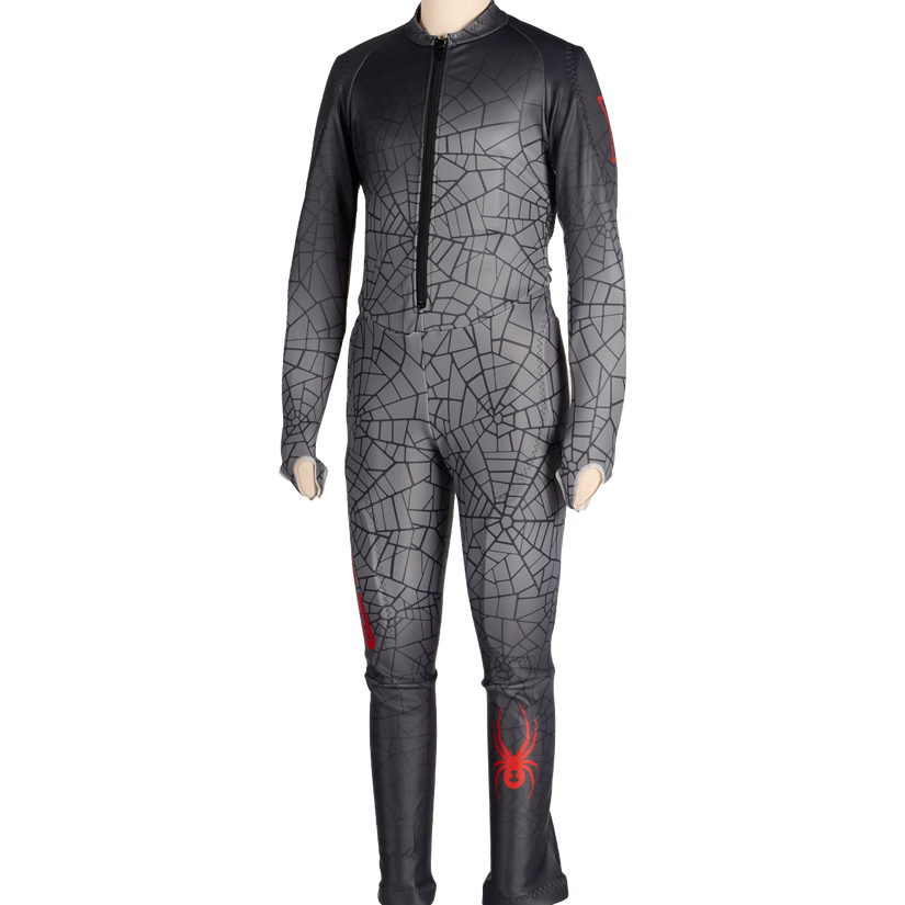 Black and gray spider-web patterned suit on a mannequin against a white background