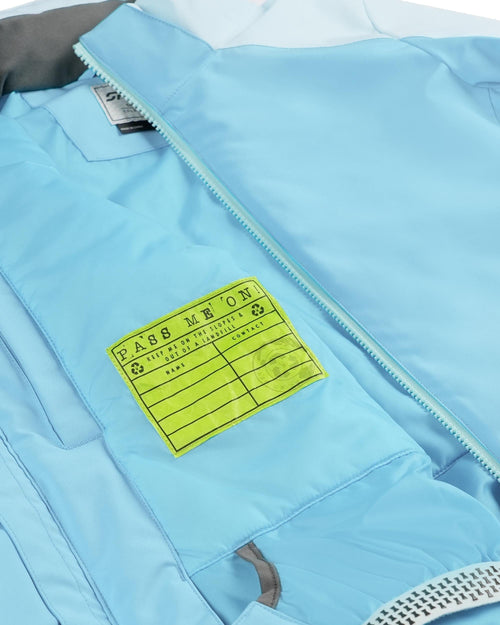 Light blue jacket with a hood on a white background