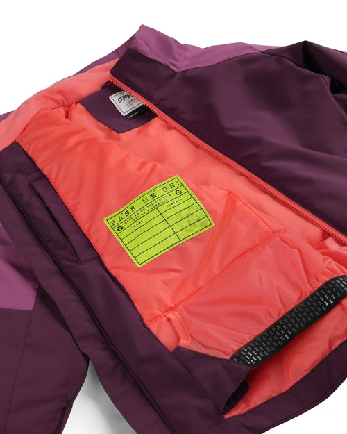Purple and orange jacket with a hood on a white background