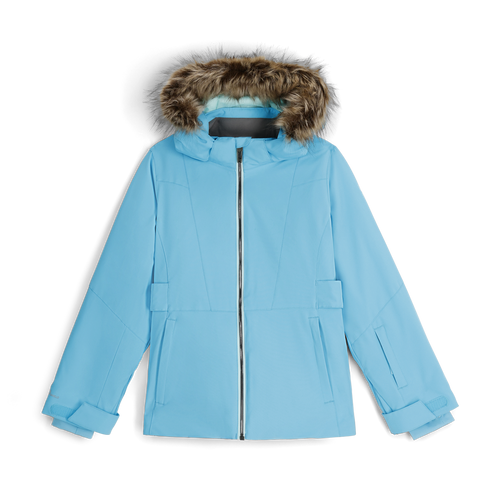 Blue winter jacket with fur hood on a white background