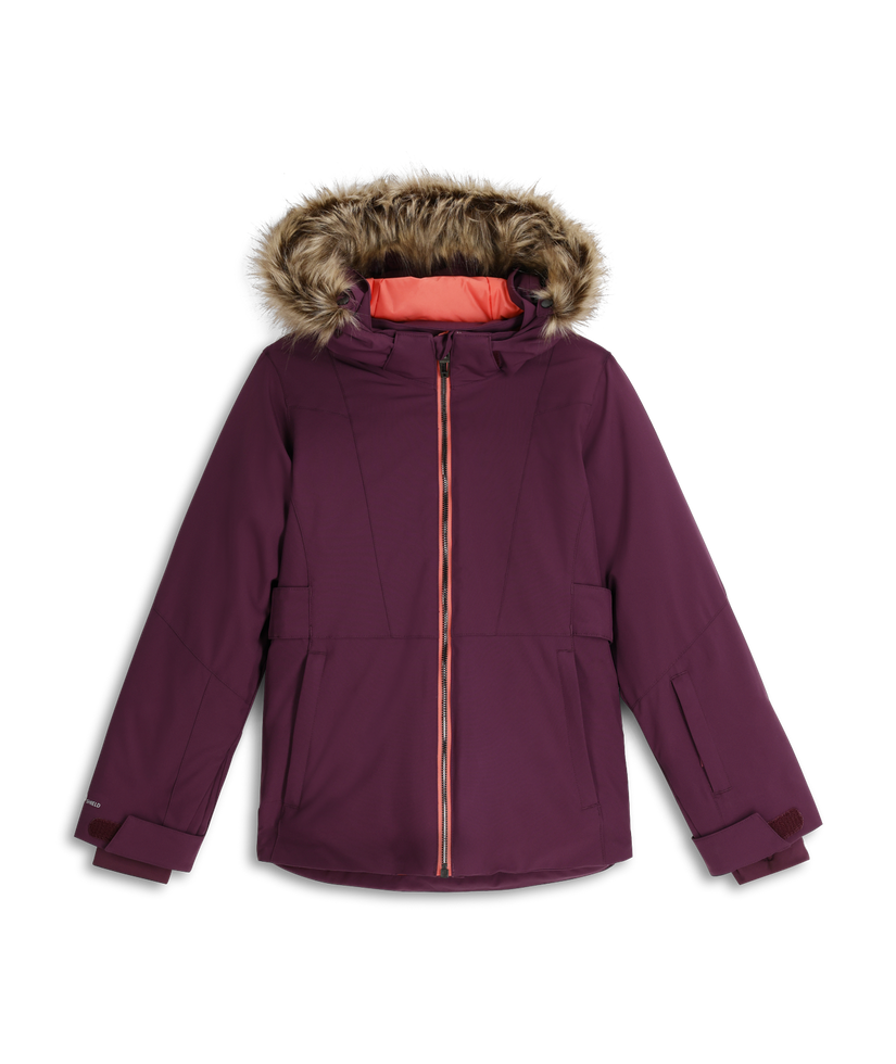 Purple winter jacket with fur-lined hood on a white background