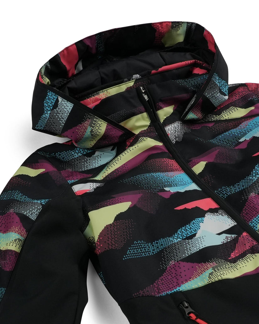 Colorful patterned jacket with a black hood on a white background