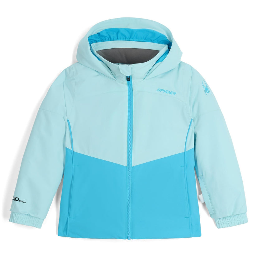 Light blue and turquoise jacket with a hood on a white background