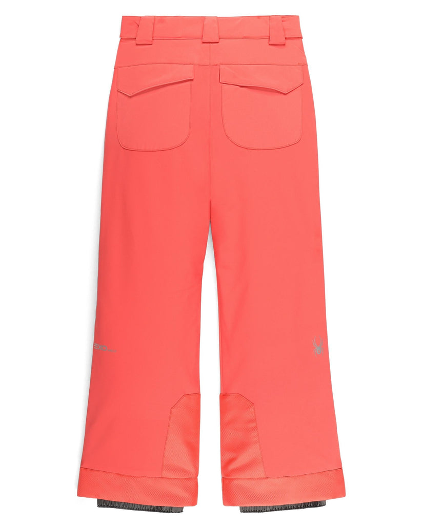 Coral pink pants with a brand logo on a white background