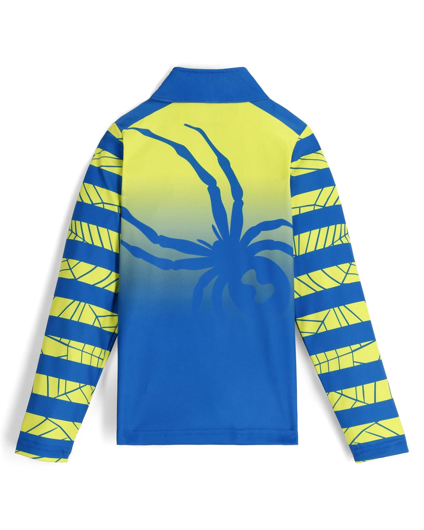 Blue and yellow long-sleeve shirt with a spider design on a white background