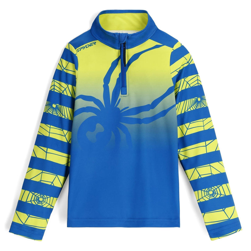 Blue and yellow long-sleeve shirt with a spider design on a white background