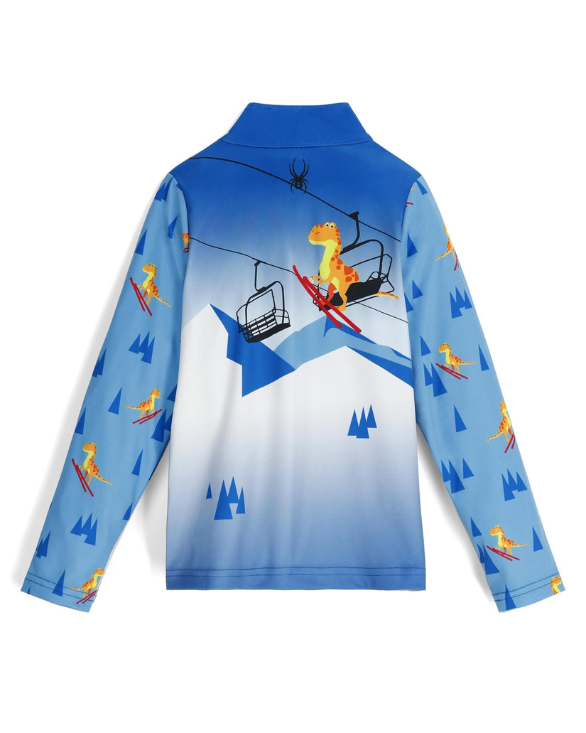 Children's blue long-sleeve shirt with mountain and skier design on a white background